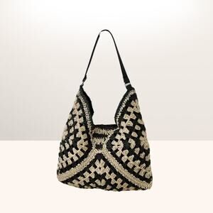 Boutoque Crochet Shoulder Bag Black Cream Leather Handle Magnetic Closure